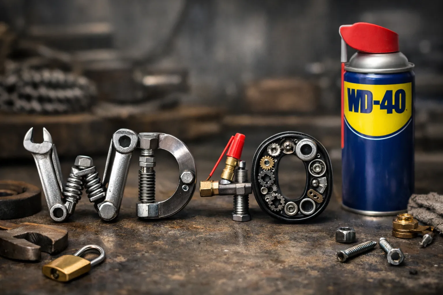 Mechanical tools arranged into lettering beside a lubricant can on a workshop bench